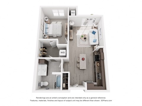 Floor plan for 1 bed, 1 bath, 743 sqft